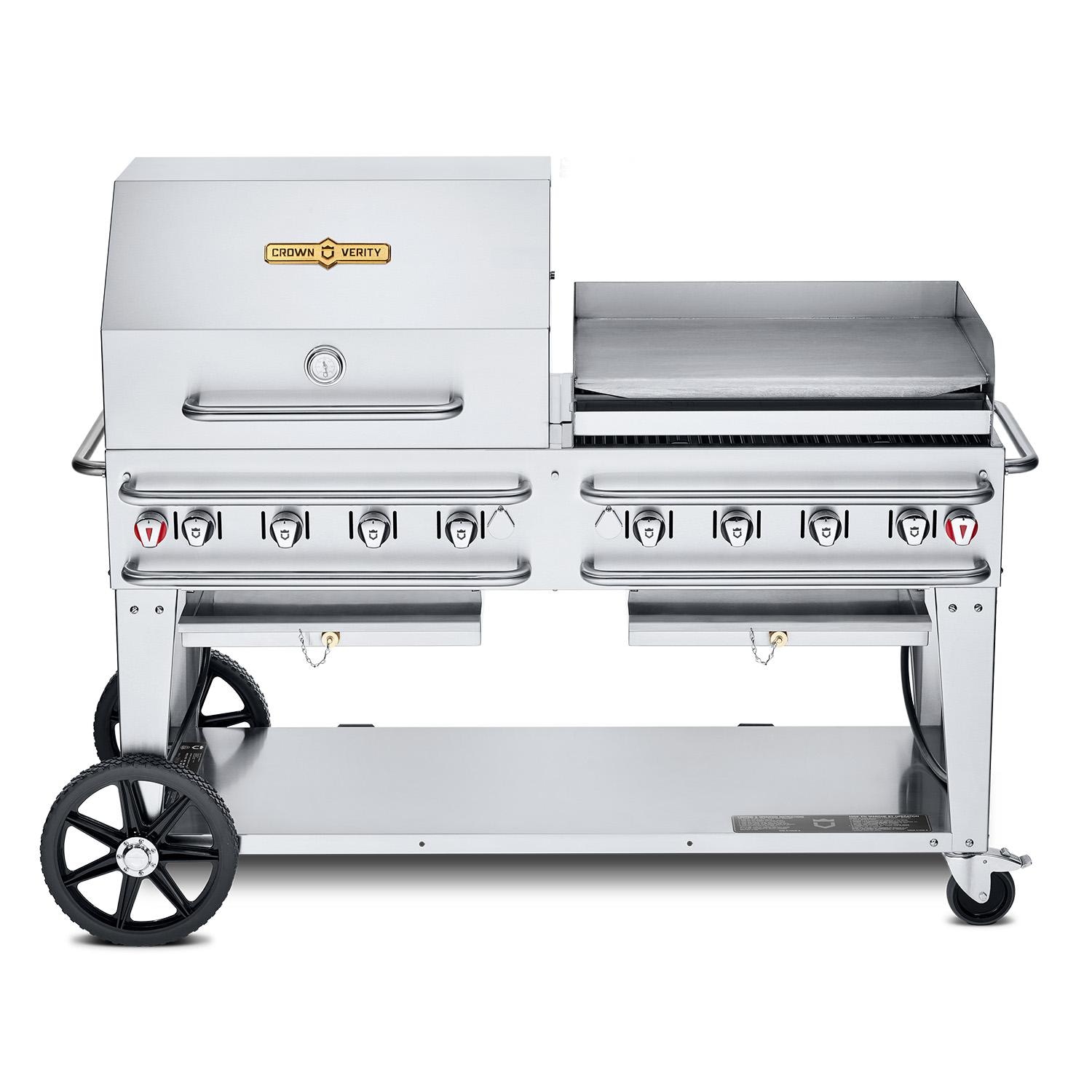 Crown Verity Professional Rental Series 60 Inch 8 Burner Stainless Steel Freestanding Propane Gas Grill with Single Dome Package  and  Griddle   20 Lb Propane Tank