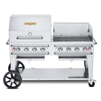 Crown Verity Professional Rental Series 60 Inch 8 Burner Stainless Steel Freestanding Propane Gas Grill with Single Dome Package and Windguard350