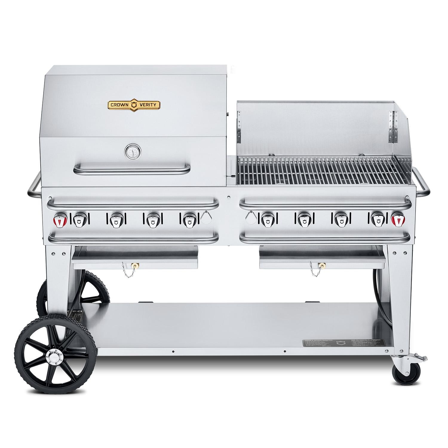 Crown Verity Professional Rental Series 60 Inch 8 Burner Stainless Steel Freestanding Propane Gas Grill with Single Dome Package  and  Windguard   20 Lb Propane Tank