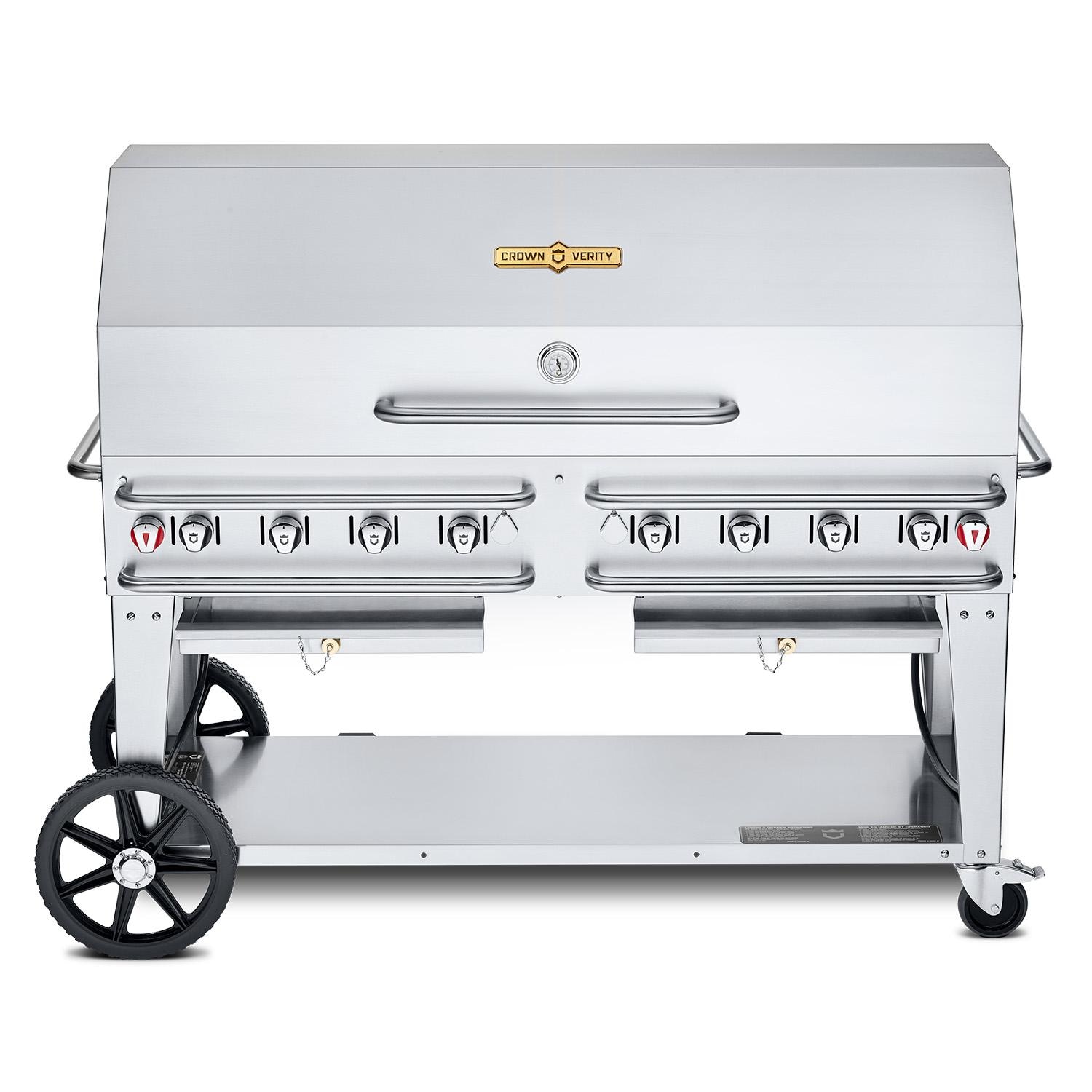 Crown Verity Professional Rental Series 60 Inch 8 Burner Stainless Steel Freestanding Propane Gas Grill with Single Dome Package   20 Lb Propane Tank