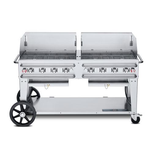 Crown Verity Professional Rental Series 60 Inch 8 Burner Stainless Steel Freestanding Propane Gas Grill with Windguards   20 Lb Propane Tank