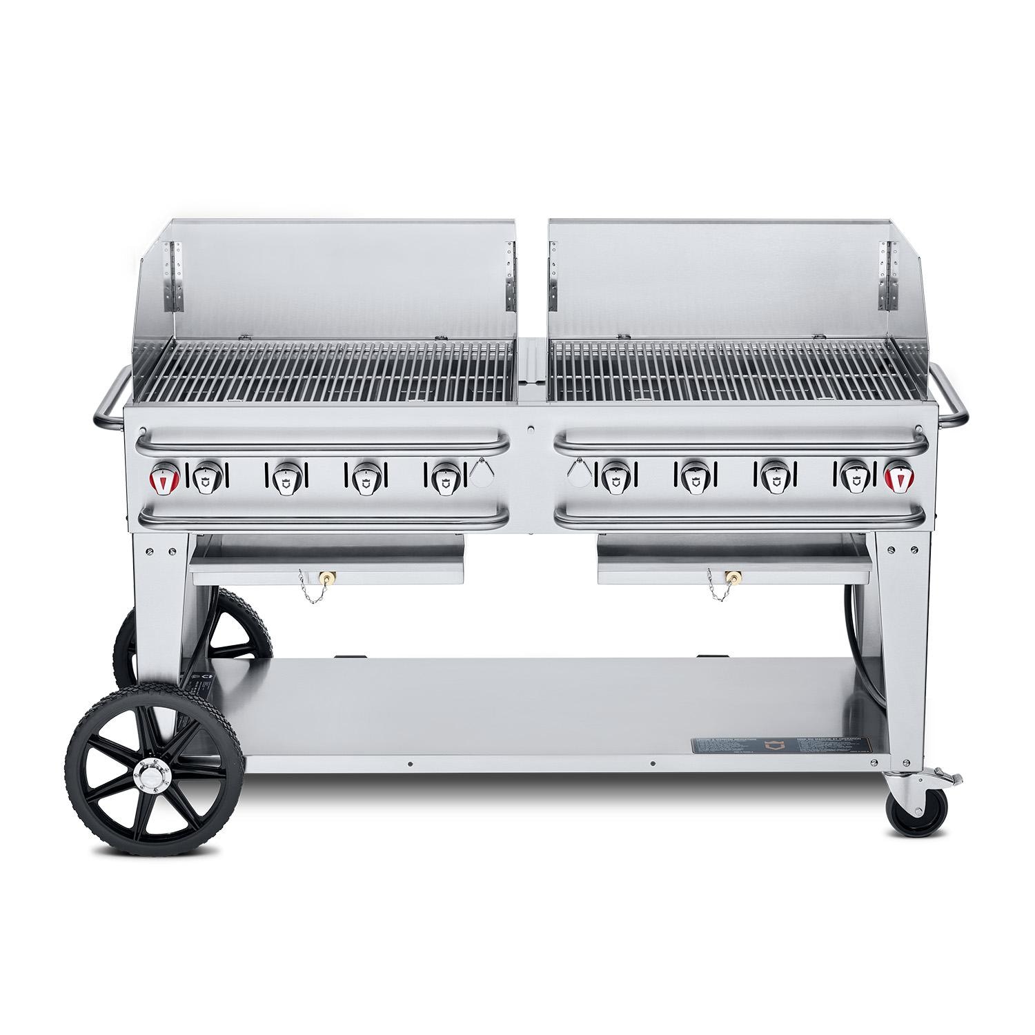 Crown Verity Professional Rental Series 60 Inch 8 Burner Stainless Steel Freestanding Propane Gas Grill with Windguards   20 Lb Propane Tank