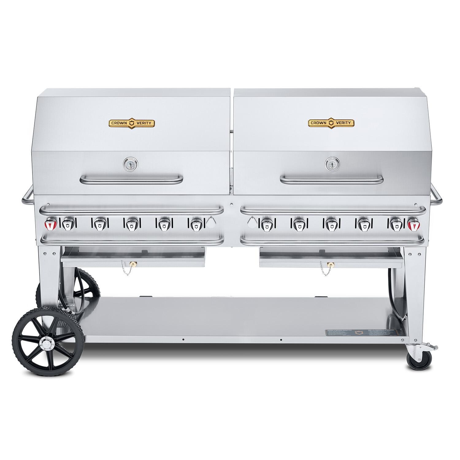 Crown Verity Professional Rental Series 72 Inch 10 Burner Stainless Steel Freestanding Propane Gas Grill with Double Dome Package   20 Lb Propane Tank