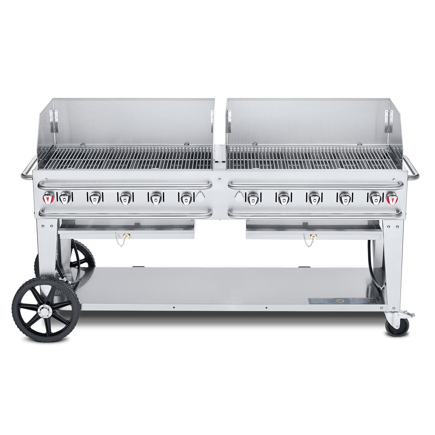 Crown Verity Professional Rental Series 72 Inch 10 Burner Stainless Steel Freestanding Propane Gas Grill with Windguards   20 Lb Propane Tank
