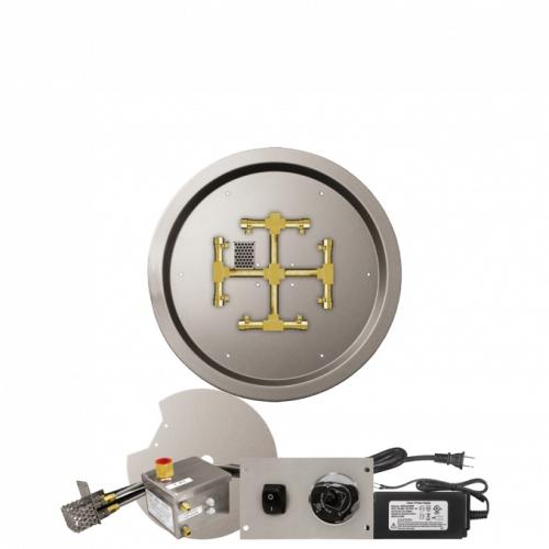 Firegear 19 Inch Round Stainless Steel Propane Gas Drop In Fire Pit Pan with Pro Series Brass Snowflake Burner and All Weather Electronic Ignition System