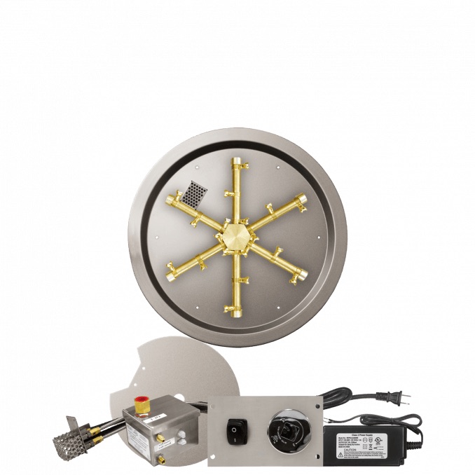 Firegear 33 Inch Round Stainless Steel Natural Gas Drop In Fire Pit Pan with Pro Series Brass Spur Burner and All Weather Electronic Ignition System