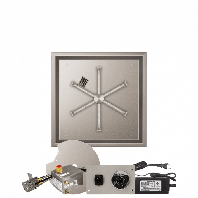 Firegear 20 Inch Square Stainless Steel Propane Gas Drop In Fire Pit Pan with 16 Inch Spur Burner and All Weather Electronic Ignition System