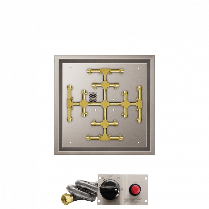 Firegear 20 Inch Square Stainless Steel Propane Gas Drop In Fire Pit Pan with Pro Series Brass Snowflake Burner and Safety Pilot Spark Ignition System