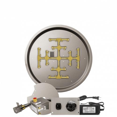 Firegear 25 Inch Round Stainless Steel Propane Gas Drop In Fire Pit Pan with Pro Series Brass Snowflake Burner and All Weather Electronic Ignition System