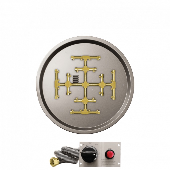 Firegear 25 Inch Round Stainless Steel Propane Gas Drop In Fire Pit Pan with Pro Series Brass Snowflake Burner and Safety Pilot Spark Ignition System
