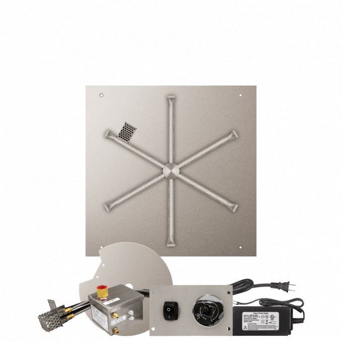 Firegear 25 Inch Square Stainless Steel Propane Gas Flat Fire Pit Pan with 22 Inch Spur Burner and All Weather Electronic Ignition System