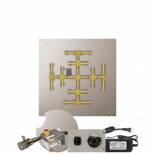 Firegear 25 Inch Square Stainless Steel Propane Gas Flat Fire Pit Pan with Pro Series Brass Snowflake Burner and All Weather Electronic Ignition System