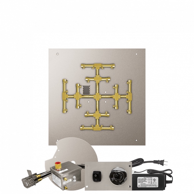 Firegear 25 Inch Square Stainless Steel Propane Gas Flat Fire Pit Pan with Pro Series Brass Snowflake Burner and All Weather Electronic Ignition System