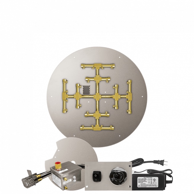 Firegear 26 Inch Round Stainless Steel Propane Gas Flat Fire Pit Pan with Pro Series Brass Snowflake Burner and All Weather Electronic Ignition System