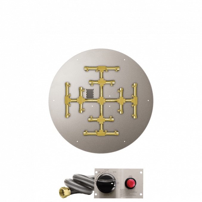 Firegear 26 Inch Round Stainless Steel Natural Gas Flat Fire Pit Pan with Pro Series Brass Snowflake Burner and Safety Pilot Spark Ignition System