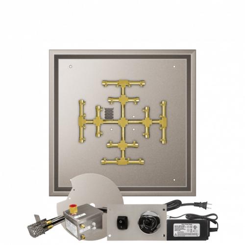 Firegear 26 Inch Square Stainless Steel Propane Gas Drop In Fire Pit Pan with Pro Series Brass Snowflake Burner and All Weather Electronic Ignition System