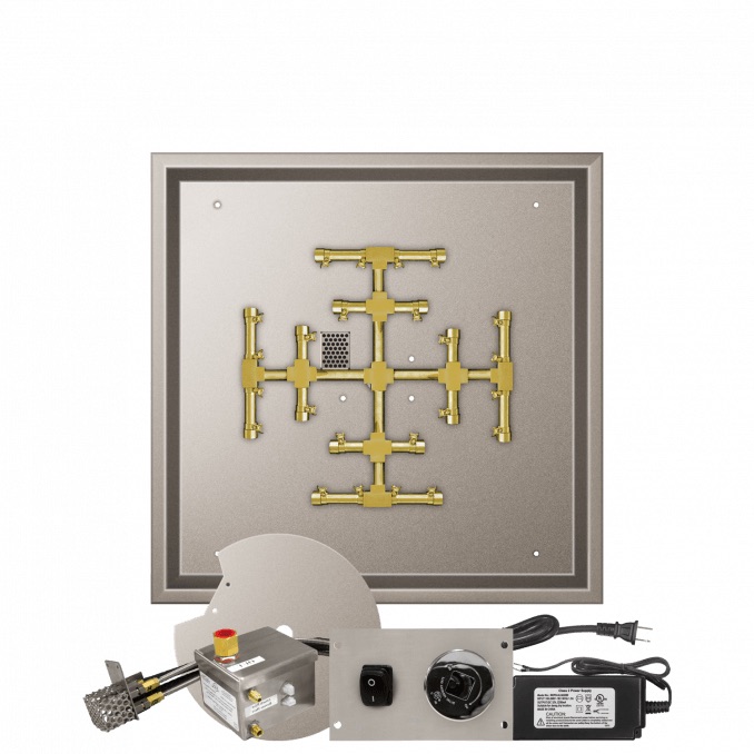 Firegear 26 Inch Square Stainless Steel Propane Gas Drop In Fire Pit Pan with Pro Series Brass Snowflake Burner and All Weather Electronic Ignition System