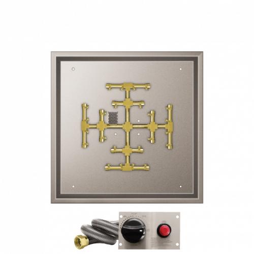 Firegear 26 Inch Square Stainless Steel Propane Gas Drop In Fire Pit Pan with Pro Series Brass Snowflake Burner and Safety Pilot Spark Ignition System