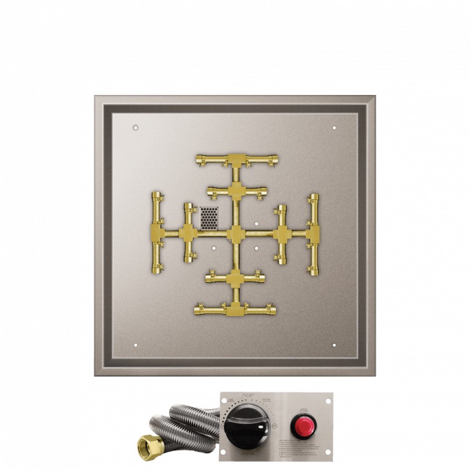 Firegear 26 Inch Square Stainless Steel Propane Gas Drop In Fire Pit Pan with Pro Series Brass Snowflake Burner and Safety Pilot Spark Ignition System