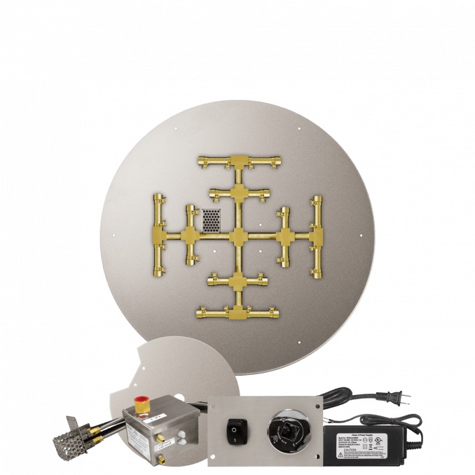 Firegear 29 Inch Round Stainless Steel Propane Gas Flat Fire Pit Pan with Pro Series Brass Snowflake Burner and All Weather Electronic Ignition System