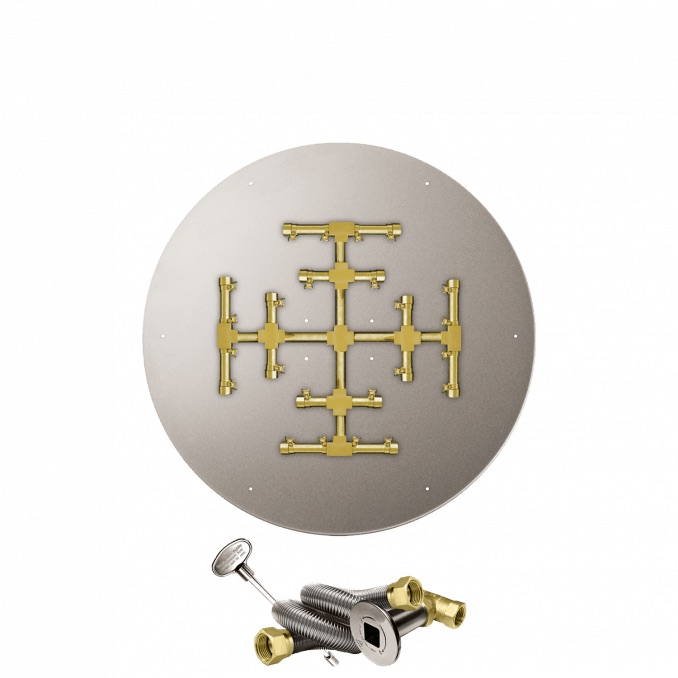 Firegear 29 Inch Round Stainless Steel Propane Gas Flat Fire Pit Pan with Pro Series Brass Snowflake Burner and Match Light Ignition System