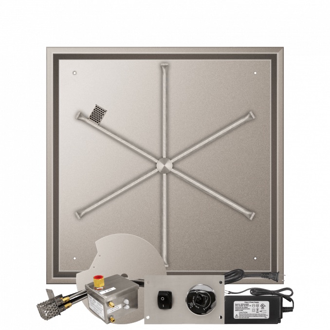 Firegear 32 Inch Square Stainless Steel Propane Gas Drop In Fire Pit Pan with 31 Inch Spur Burner and All Weather Electronic Ignition System