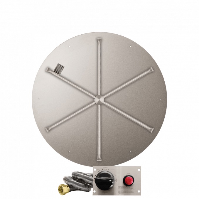 Firegear 34 Inch Round Stainless Steel Propane Gas Flat Fire Pit Pan with 31 Inch Spur Burner and Safety Pilot Spark Ignition System