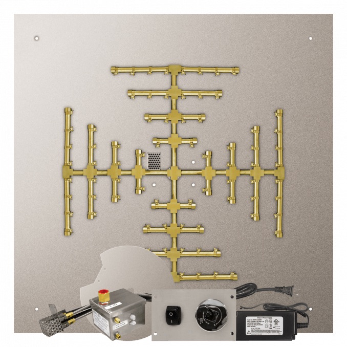 Firegear 46 Inch Square Stainless Steel Natural Gas Flat Fire Pit Pan with Pro Series Brass Snowflake Burner and All Weather Electronic Ignition System
