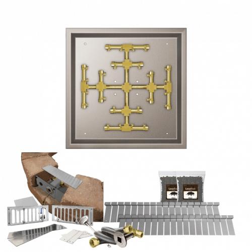Firegear SRW Stone Paver Block Fire Pit Kit with 20 Inch Square Stainless Steel Propane Gas Drop In Fire Pit Pan with 14 Inch Pro Series Brass Snowflake Burner and Match Light Ignition System
