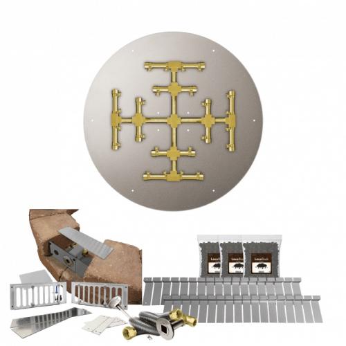 Firegear SRW Stone Paver Block Fire Pit Kit with 26 Inch Round Stainless Steel Natural Gas Flat Fire Pit Pan with 18 Inch Pro Series Brass Snowflake Burner and Match Light Ignition System