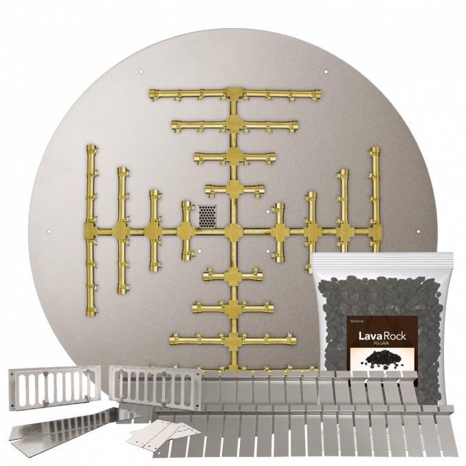 Firegear SRW Stone Paver Block Fire Pit Kit with 29 Inch Round Stainless Steel Propane Gas Flat Fire Pit Pan with 18 Inch Pro Series Brass Snowflake Burner and Match Light Ignition System