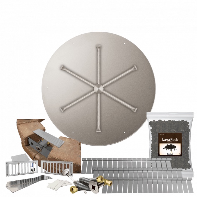 Firegear SRW Stone Paver Block Fire Pit Kit with 29 Inch Round Stainless Steel Natural Gas Flat Fire Pit Pan with 22 Inch Spur Burner and Match Light Ignition System