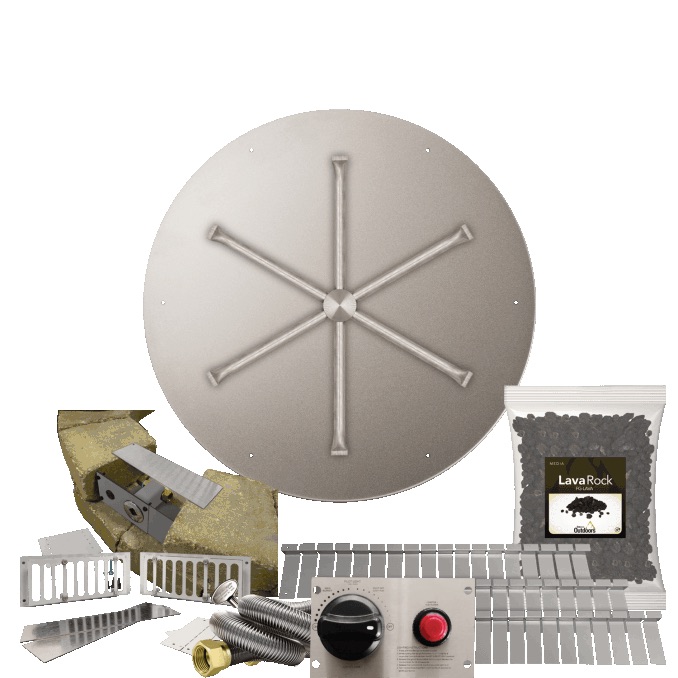 Firegear SRW Stone Paver Block Fire Pit Kit with 29 Inch Round Stainless Steel Natural Gas Flat Fire Pit Pan with 22 Inch Spur Burner and Safety Pilot Spark Ignition System