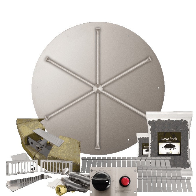 Firegear SRW Stone Paver Block Fire Pit Kit with 34 Inch Round Stainless Steel Natural Gas Flat Fire Pit Pan with 31 Inch Spur Burner and Safety Pilot Spark Ignition System