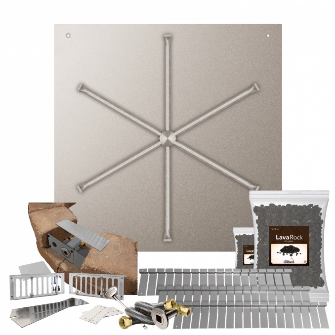Firegear SRW Stone Paver Block Fire Pit Kit with 34 Inch Square Stainless Steel Natural Gas Flat Fire Pit Pan with 31 Inch Spur Burner and Match Light Ignition System