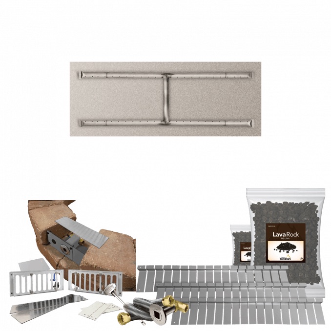 Firegear SRW Stone Paver Block Fire Pit Kit with 30 Inch by 14 Inch Linear Stainless Steel Natural Gas Flat Fire Pit Pan with H Burner and Match Light Ignition System