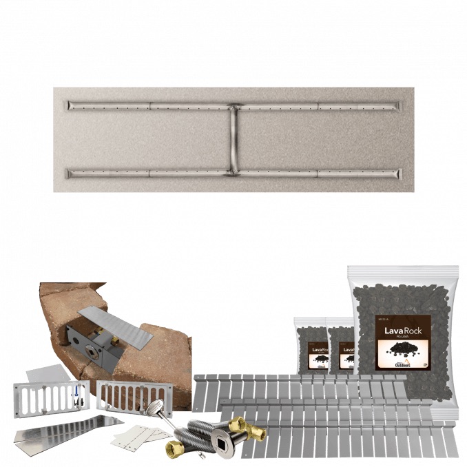 Firegear SRW Stone Paver Block Fire Pit Kit with 48 Inch by 14 Inch Linear Stainless Steel Natural Gas Flat Fire Pit Pan with H Burner and Match Light Ignition System