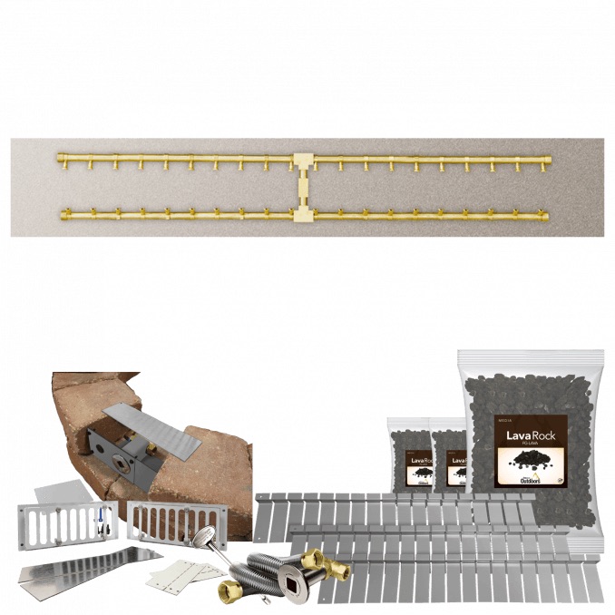 Firegear SRW Stone Paver Block Fire Pit Kit with 60 Inch by 10 Inch Stainless Steel Propane Gas Flat Fire Pit Pan with Pro Series Brass H Burner and Match Light Ignition System