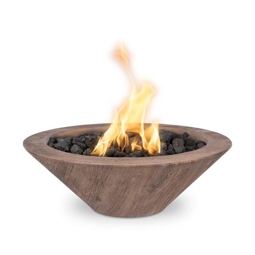 The Outdoor Plus Cazo 32 Inch Round GFRC Concrete Propane Gas Fire Bowl with Match Lit Ignition   Oak Wood Grain
