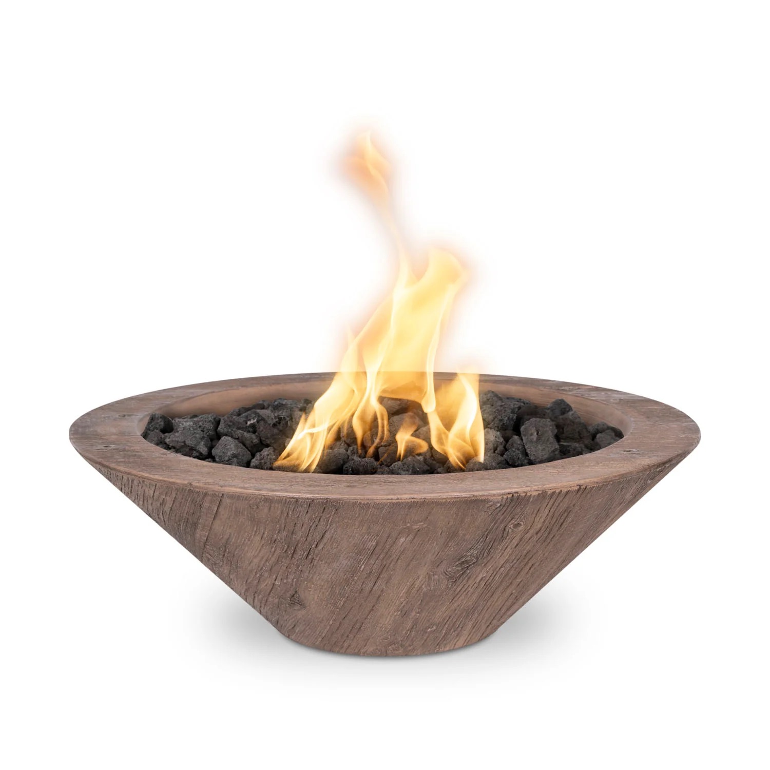 The Outdoor Plus Cazo 32 Inch Round GFRC Concrete Propane Gas Fire Bowl with Match Lit Ignition   Oak Wood Grain