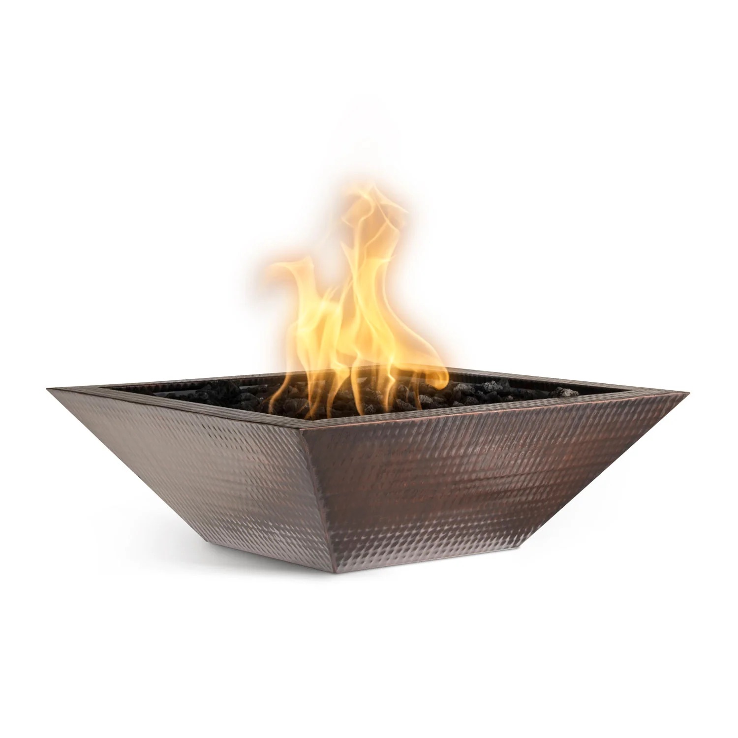 The Outdoor Plus Maya 36 Inch Square Hammered Copper Propane Gas Fire Bowl with Match Lit Ignition