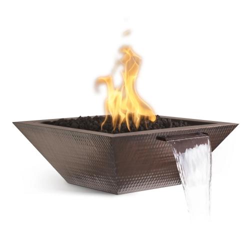 The Outdoor Plus Maya 30 Inch Square Hammered Copper Propane Gas Fire  and  Water Bowl with Match Lit Ignition