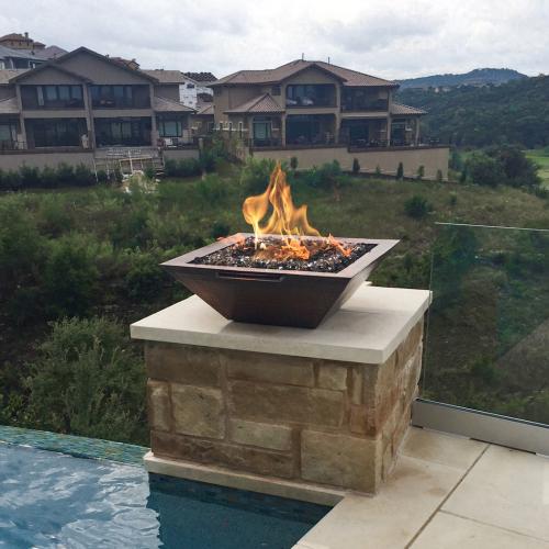 The Outdoor Plus Maya 30 Inch Square Hammered Copper Propane Gas Fire  and  Water Bowl with Match Lit Ignition