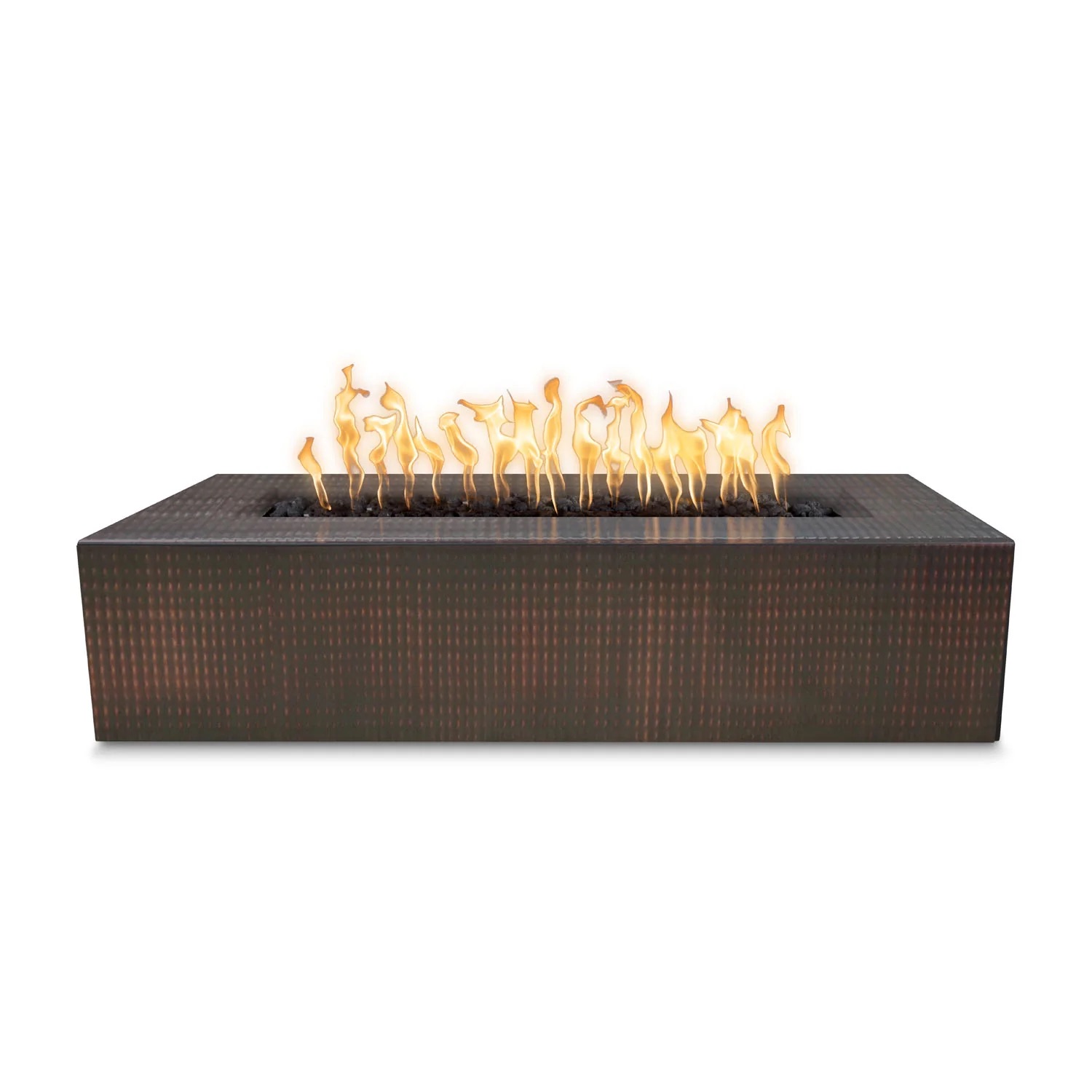The Outdoor Plus Regal 48 Inch Rectangular Hammered Copper Propane Gas Fire Pit with Match Lit Ignition