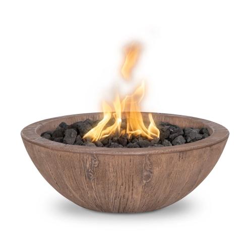 The Outdoor Plus Sedona 27 Inch Round GFRC Concrete Propane Gas Fire Bowl with Match Lit Ignition   Oak Wood Grain