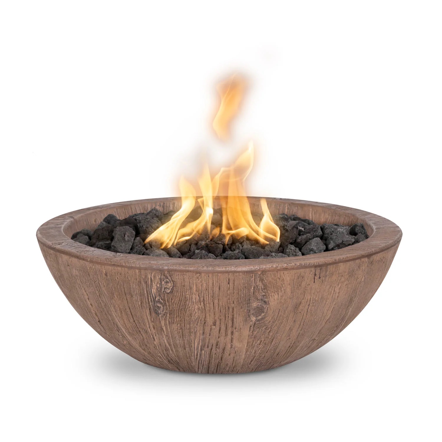 The Outdoor Plus Sedona 27 Inch Round GFRC Concrete Propane Gas Fire Bowl with Match Lit Ignition   Oak Wood Grain