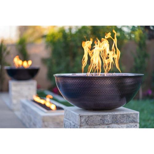 The Outdoor Plus Sedona 27 Inch Round Hammered Copper Propane Gas Fire Bowl with Match Lit Ignition