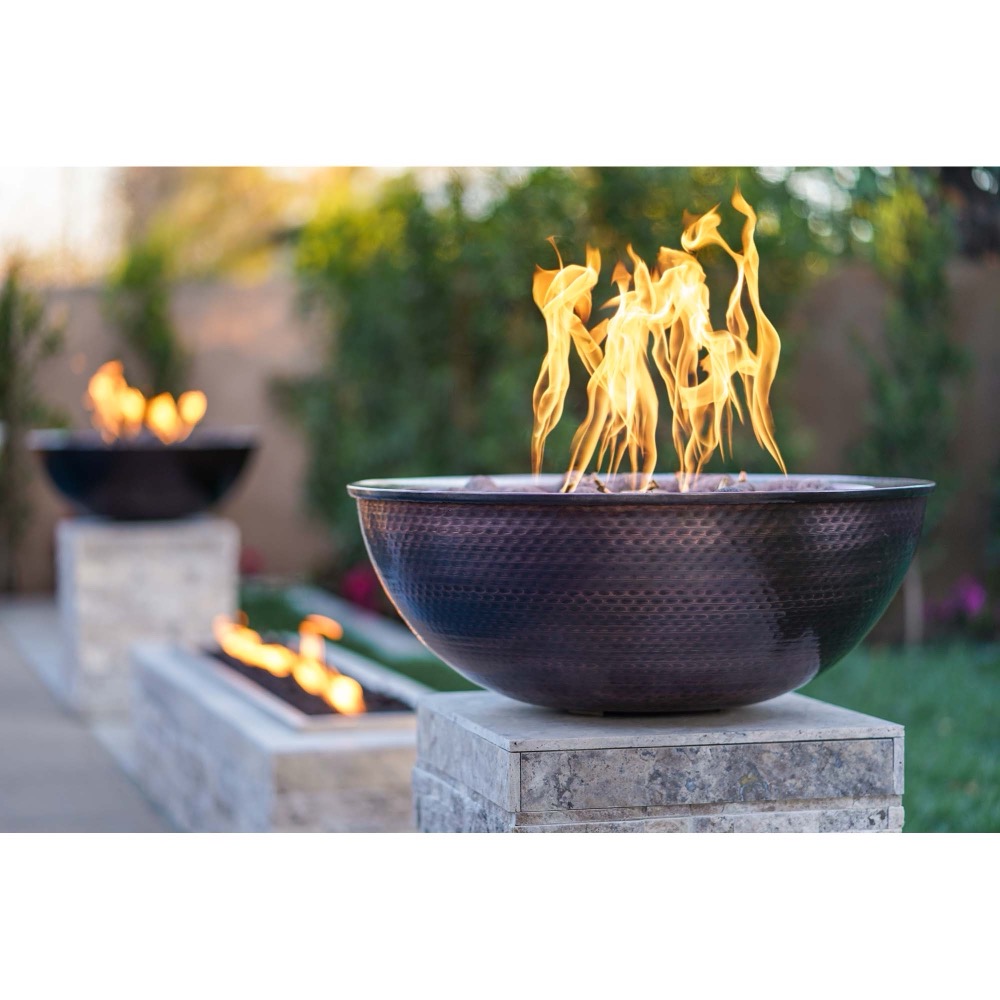 The Outdoor Plus Sedona 27 Inch Round Hammered Copper Propane Gas Fire Bowl with Match Lit Ignition