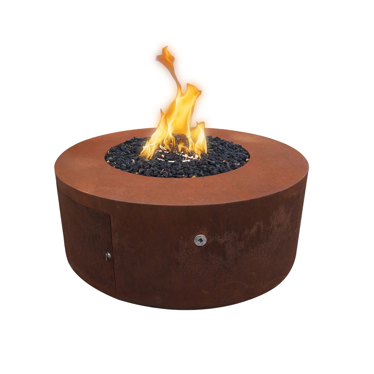 The Outdoor Plus Unity 72 Inch Round Corten Steel Propane Gas Fire Pit Table with Match Lit Ignition