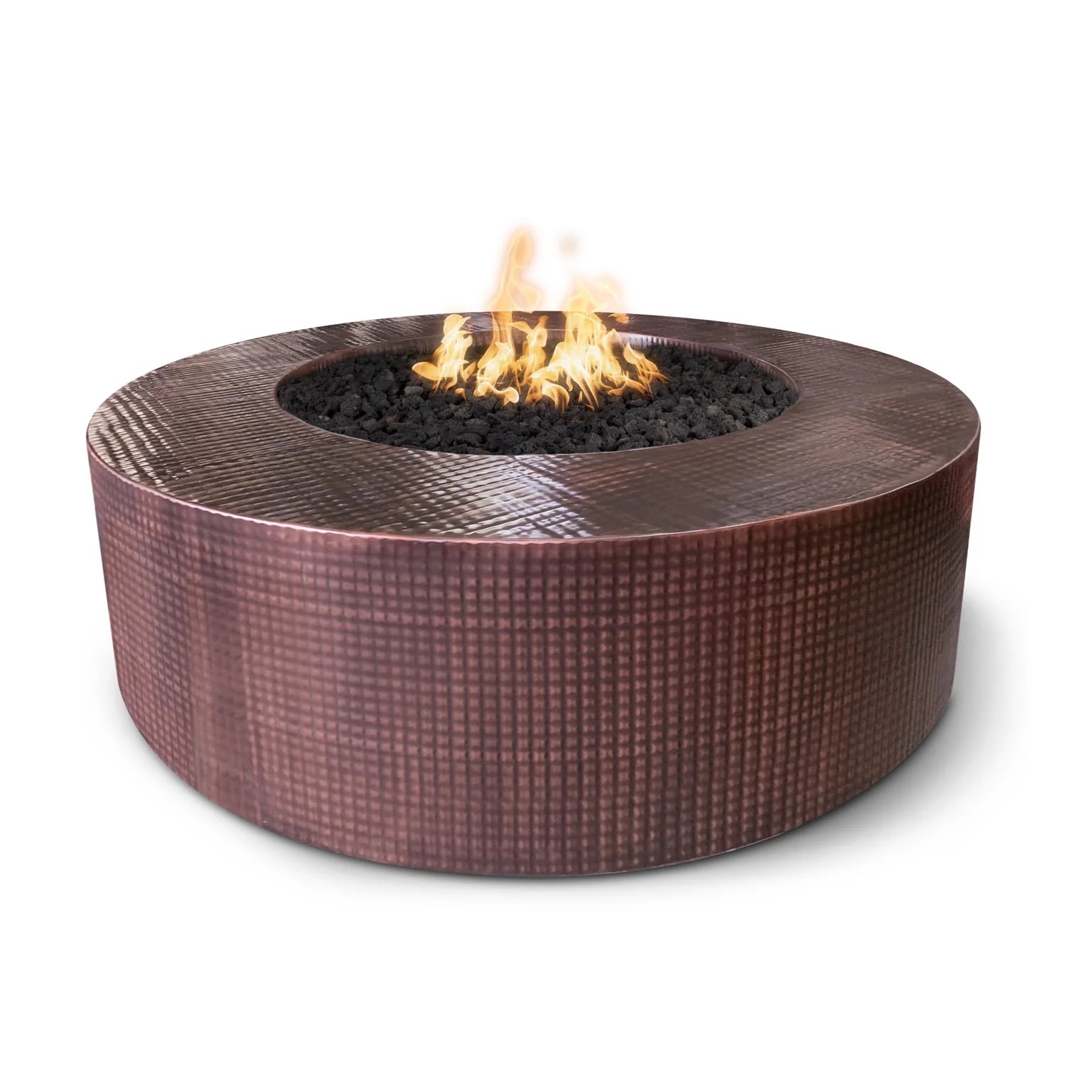 The Outdoor Plus Unity 72 Inch Round Hammered Copper Propane Gas Fire Pit Table with Match Lit Ignition